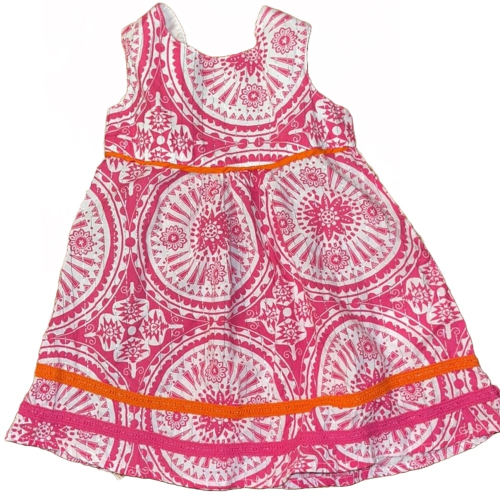9-12 months Pink, white print sundress with orange trim & silver metallic thread